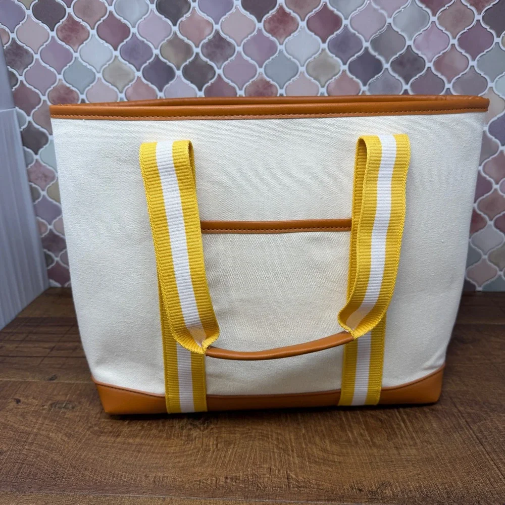 NWOT Striped Canvas XL‎ Tote Bag – Mustard Yellow & Cognac Faux Leather